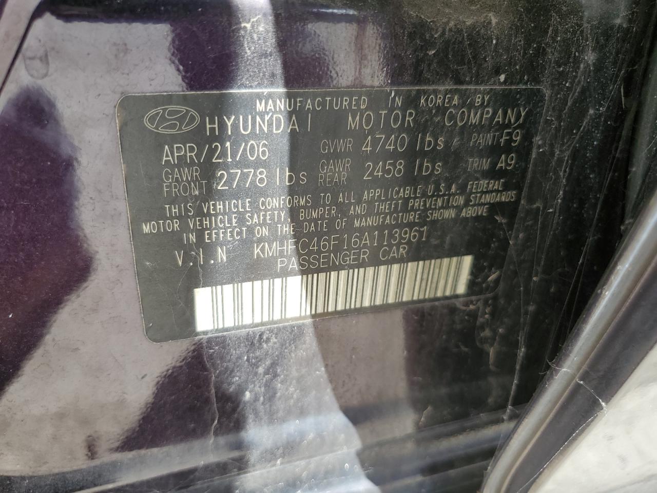 2006 Hyundai Azera Se VIN: KMHFC46F16A113961 Lot: 72009314