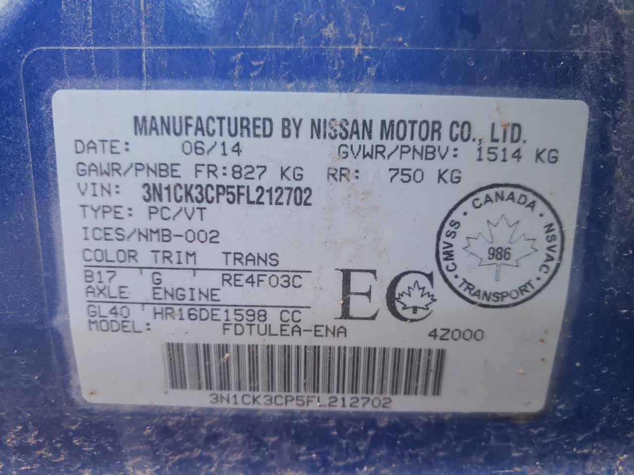 2015 Nissan Micra VIN: 3N1CK3CP5FL212702 Lot: 69938634