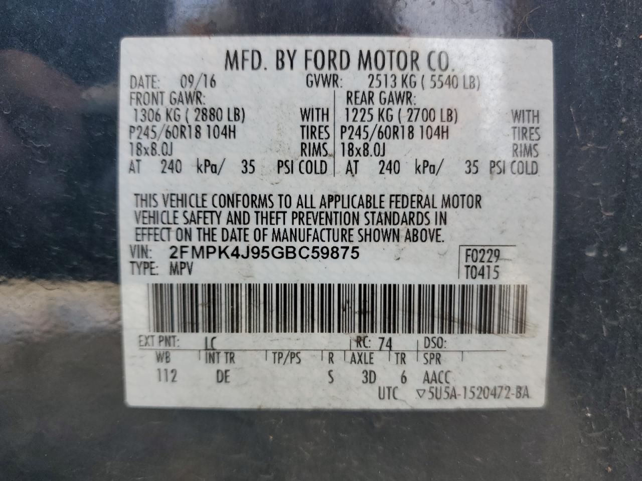 2FMPK4J95GBC59875 2016 Ford Edge Sel