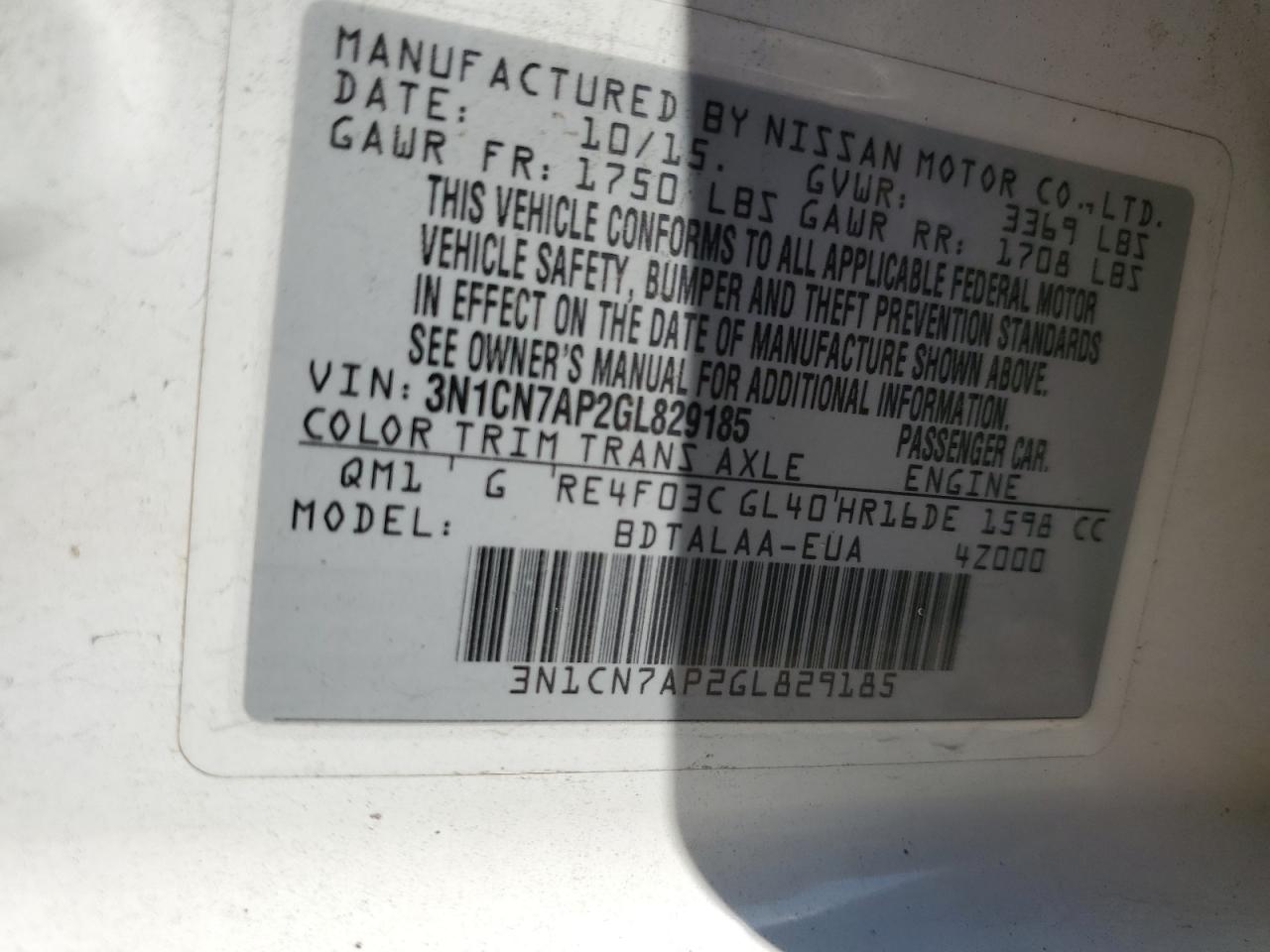 VIN 3N1CN7AP2GL829185 2016 NISSAN VERSA no.12