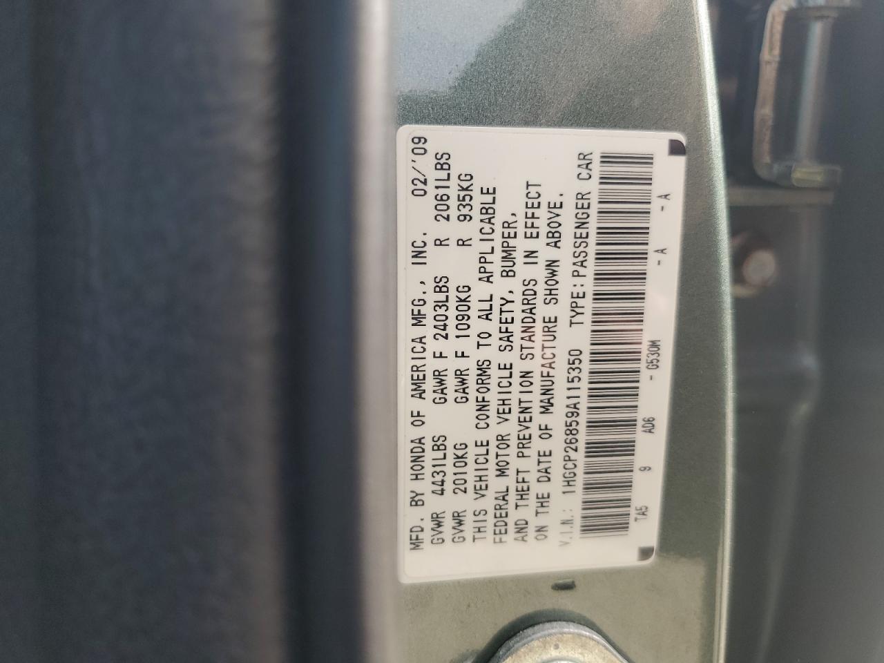 1HGCP26859A115350 2009 Honda Accord Exl