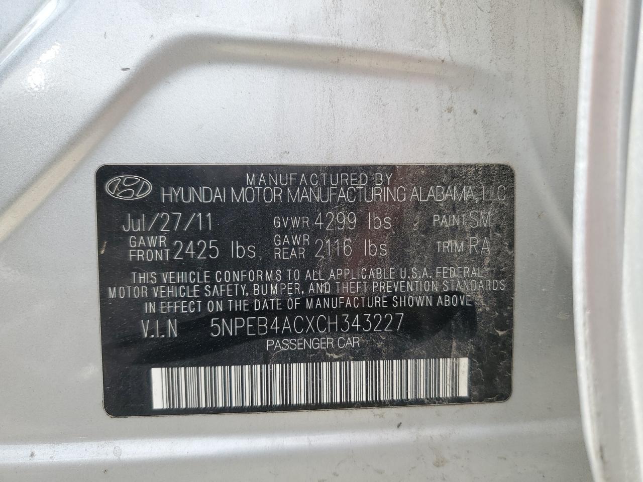 5NPEB4ACXCH343227 2012 Hyundai Sonata Gls