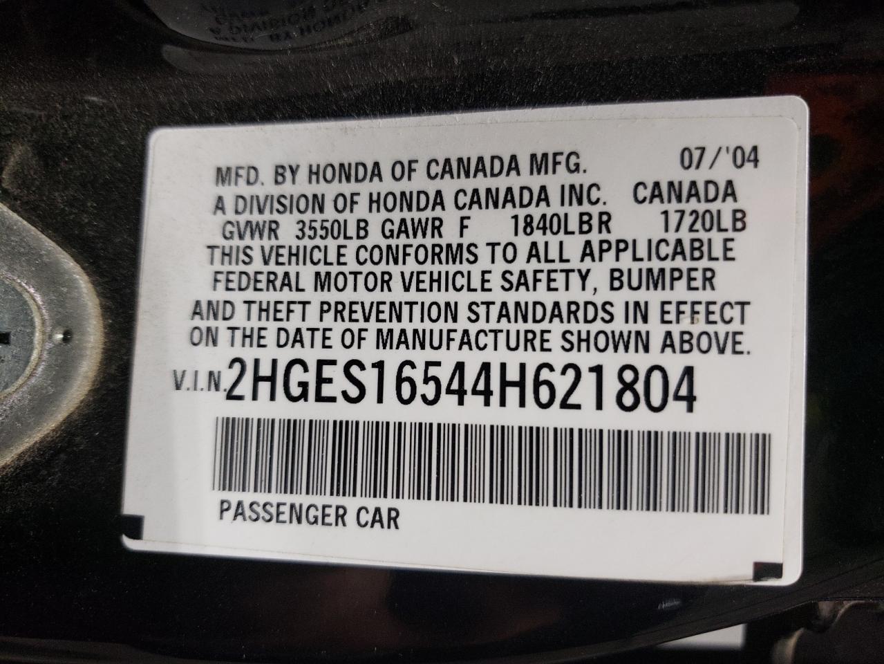 2004 Honda Civic Lx VIN: 2HGES16544H621804 Lot: 71061314