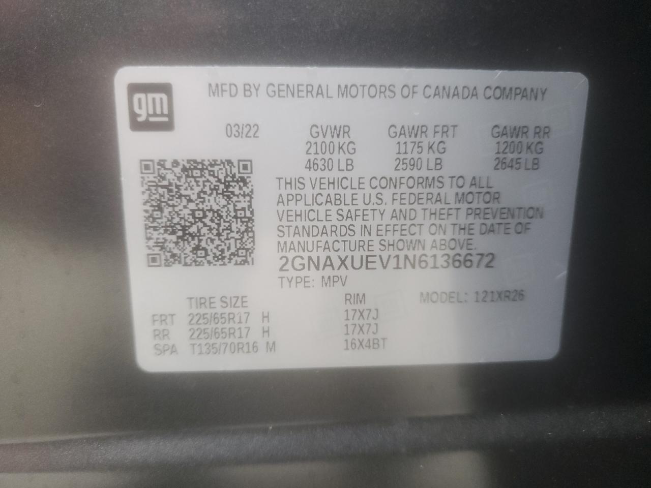 2GNAXUEV1N6136672 2022 Chevrolet Equinox Lt