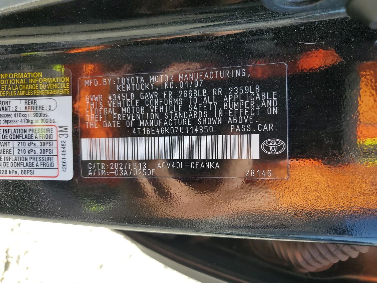 4T1BE46K07U114850 2007 Toyota Camry Ce