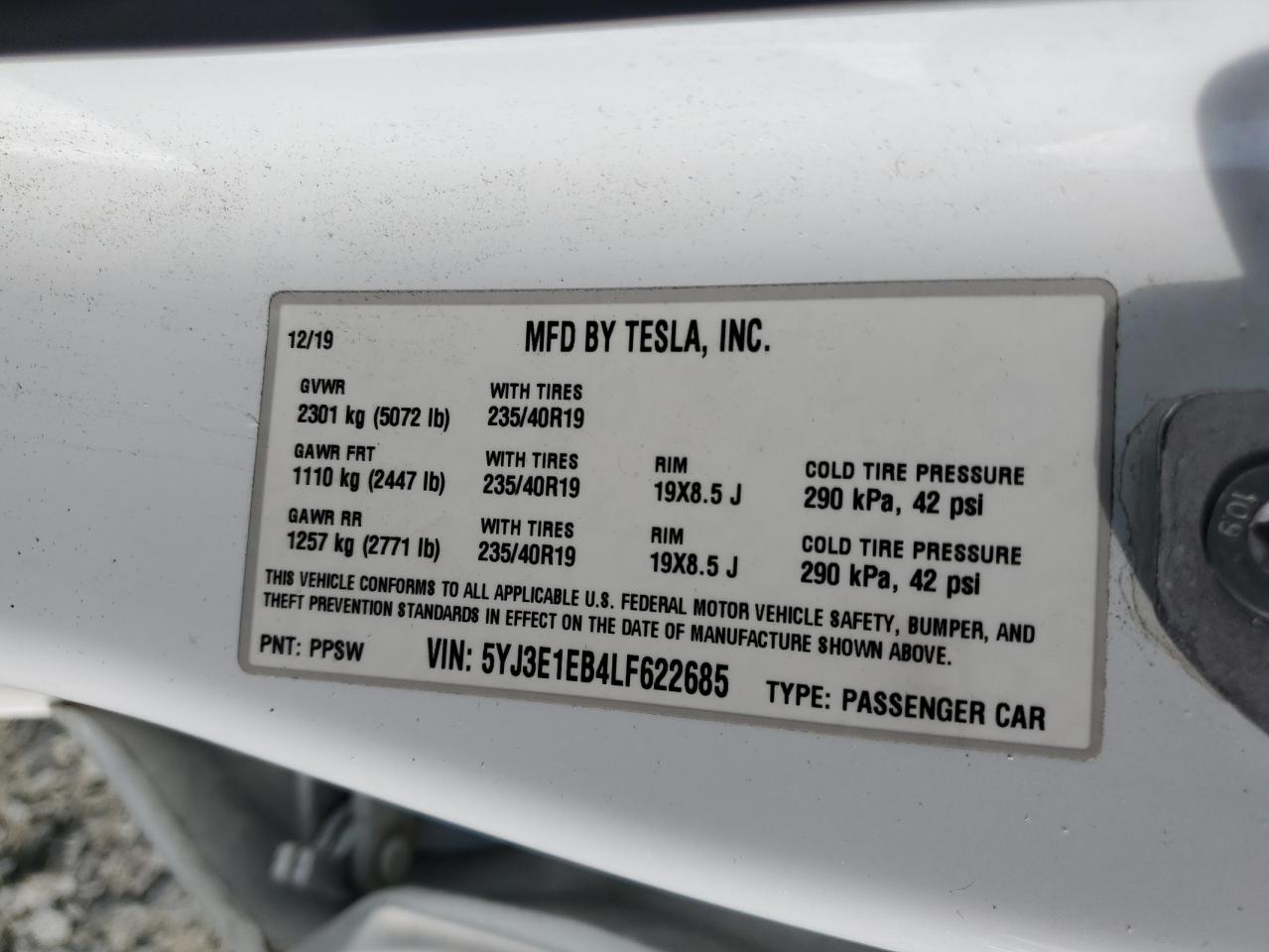 5YJ3E1EB4LF622685 2020 Tesla Model 3