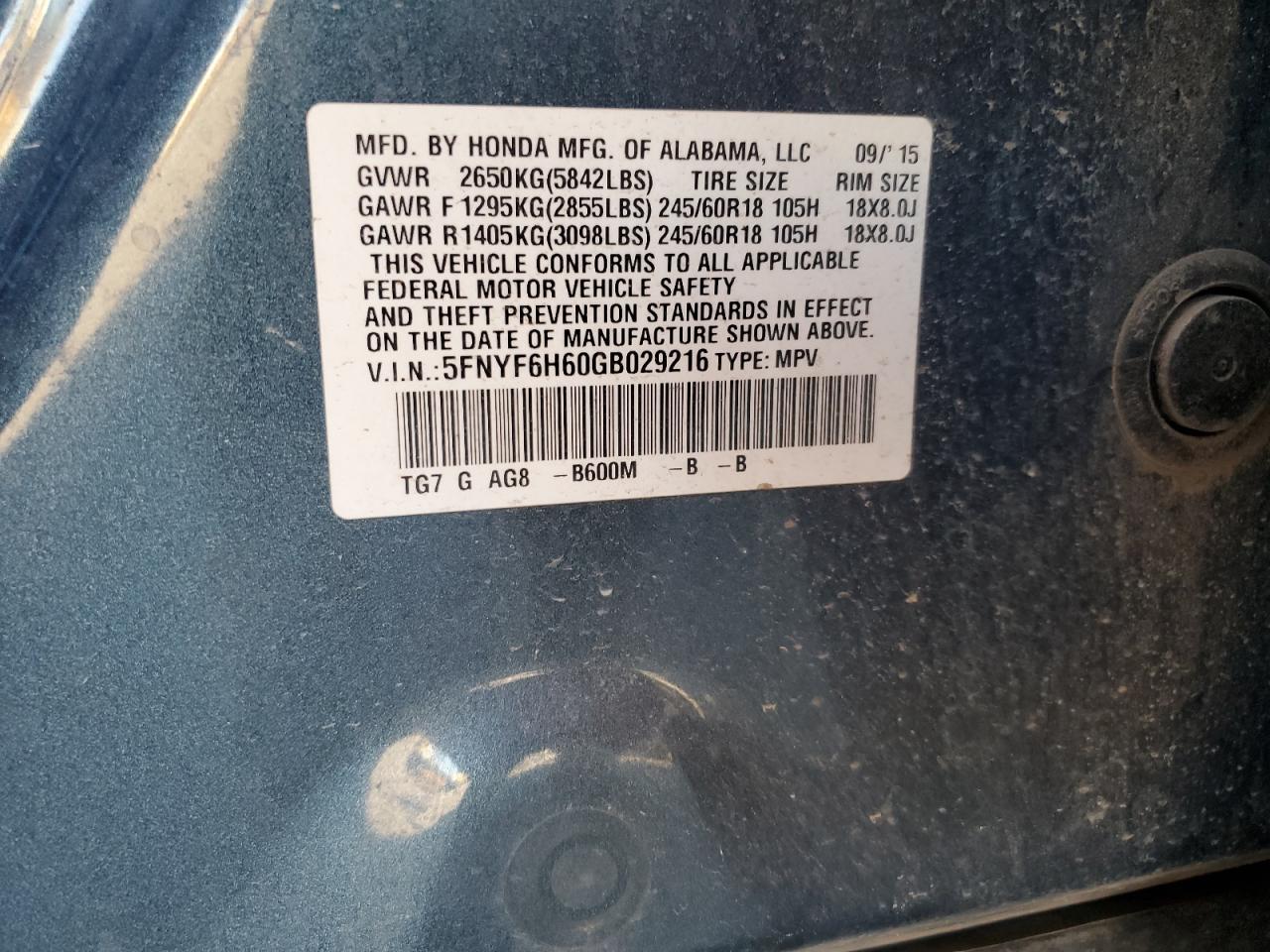 5FNYF6H60GB029216 2016 Honda Pilot Exl