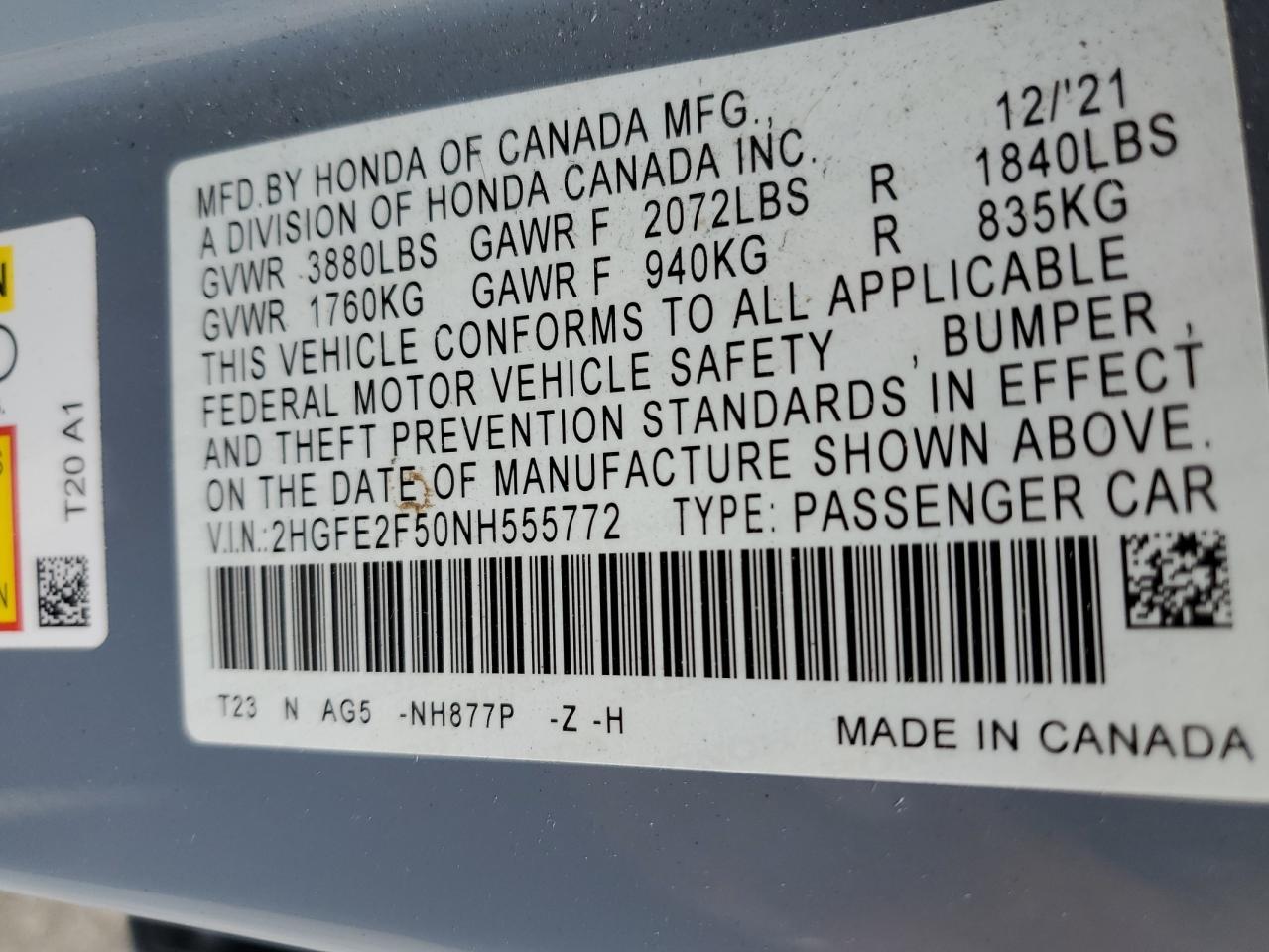 2HGFE2F50NH555772 2022 Honda Civic Sport