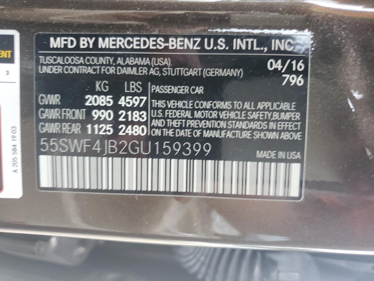 2016 Mercedes-Benz C 300 VIN: 55SWF4JB2GU159399 Lot: 70853904