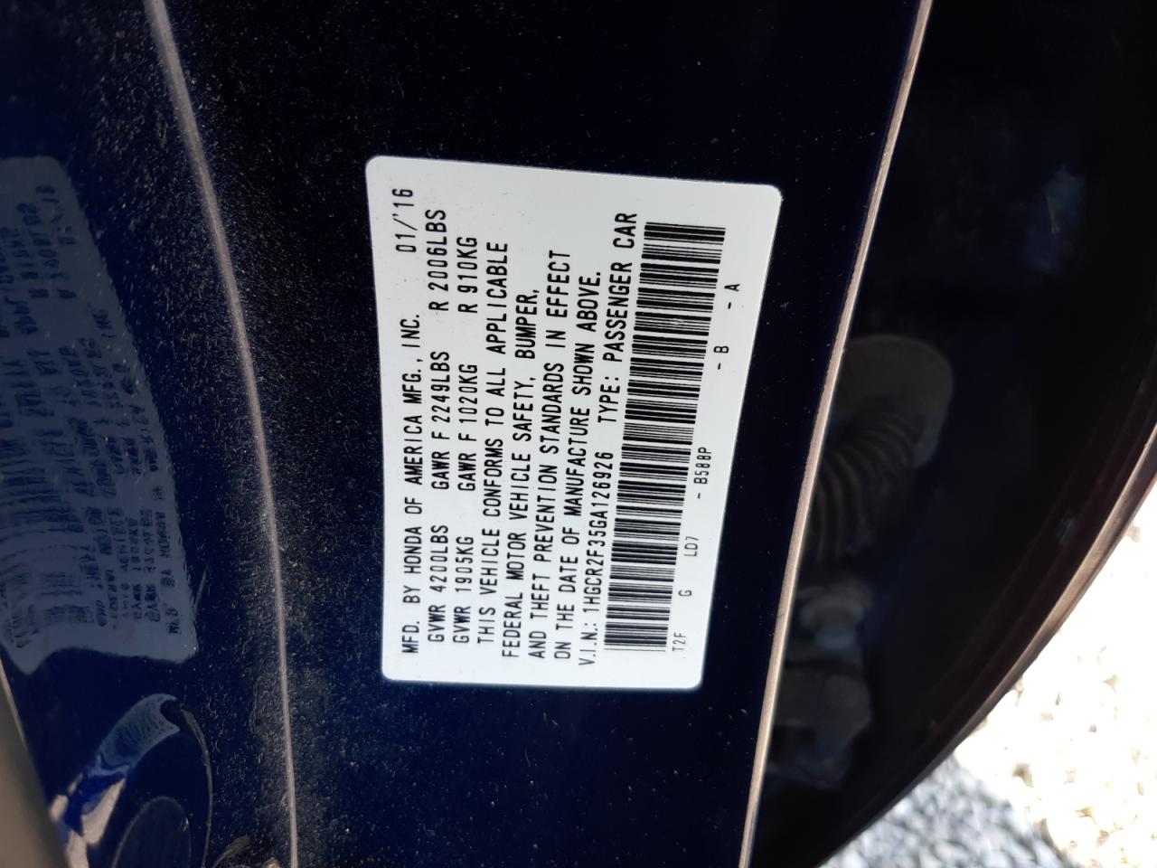 1HGCR2F35GA126926 2016 Honda Accord Lx