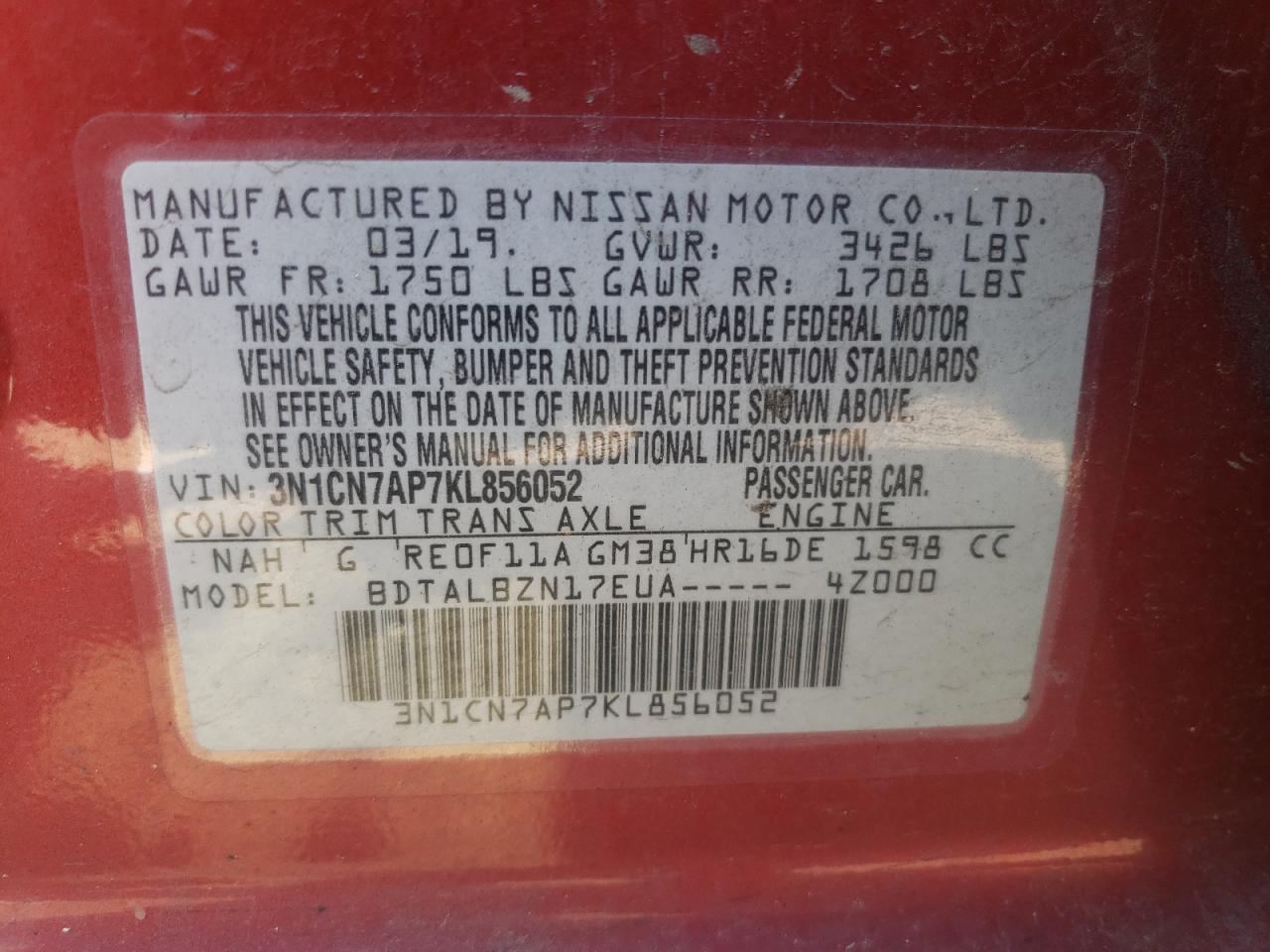 3N1CN7AP7KL856052 2019 Nissan Versa S