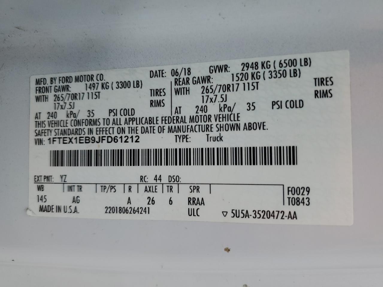 2018 Ford F150 Super Cab VIN: 1FTEX1EB9JFD61212 Lot: 72011034