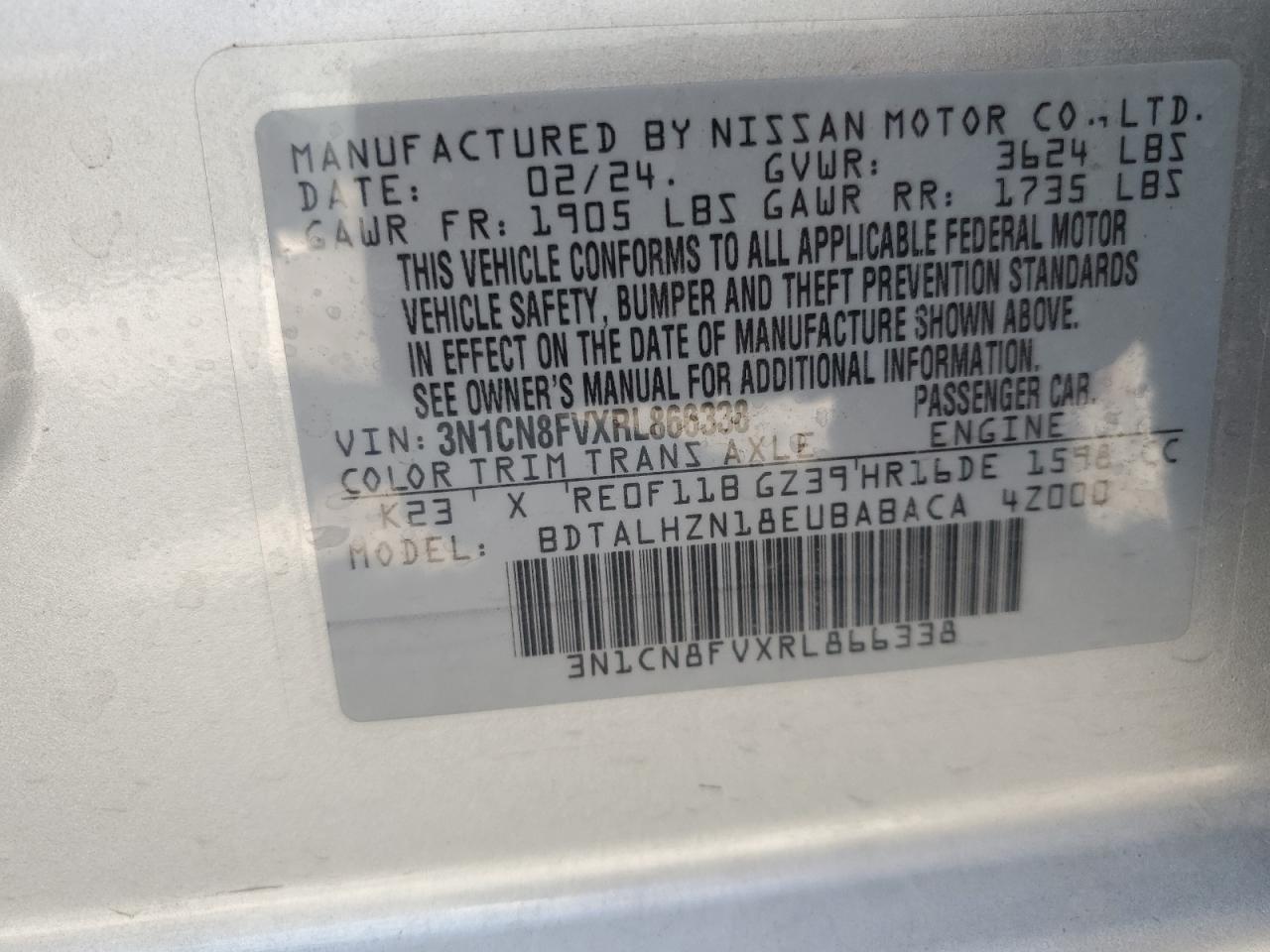 3N1CN8FVXRL866338 2024 Nissan Versa Sr