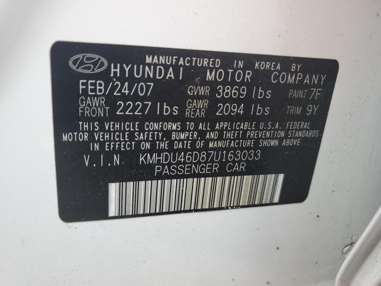 KMHDU46D87U163033 2007 Hyundai Elantra Gls