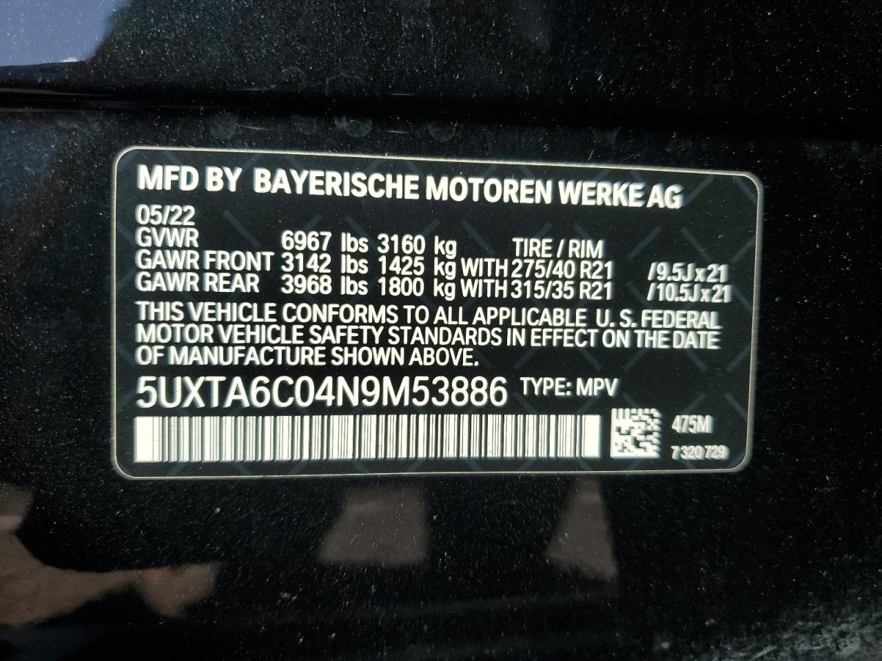 2022 BMW X5 xDrive45E VIN: 5UXTA6C04N9M53886 Lot: 73097994