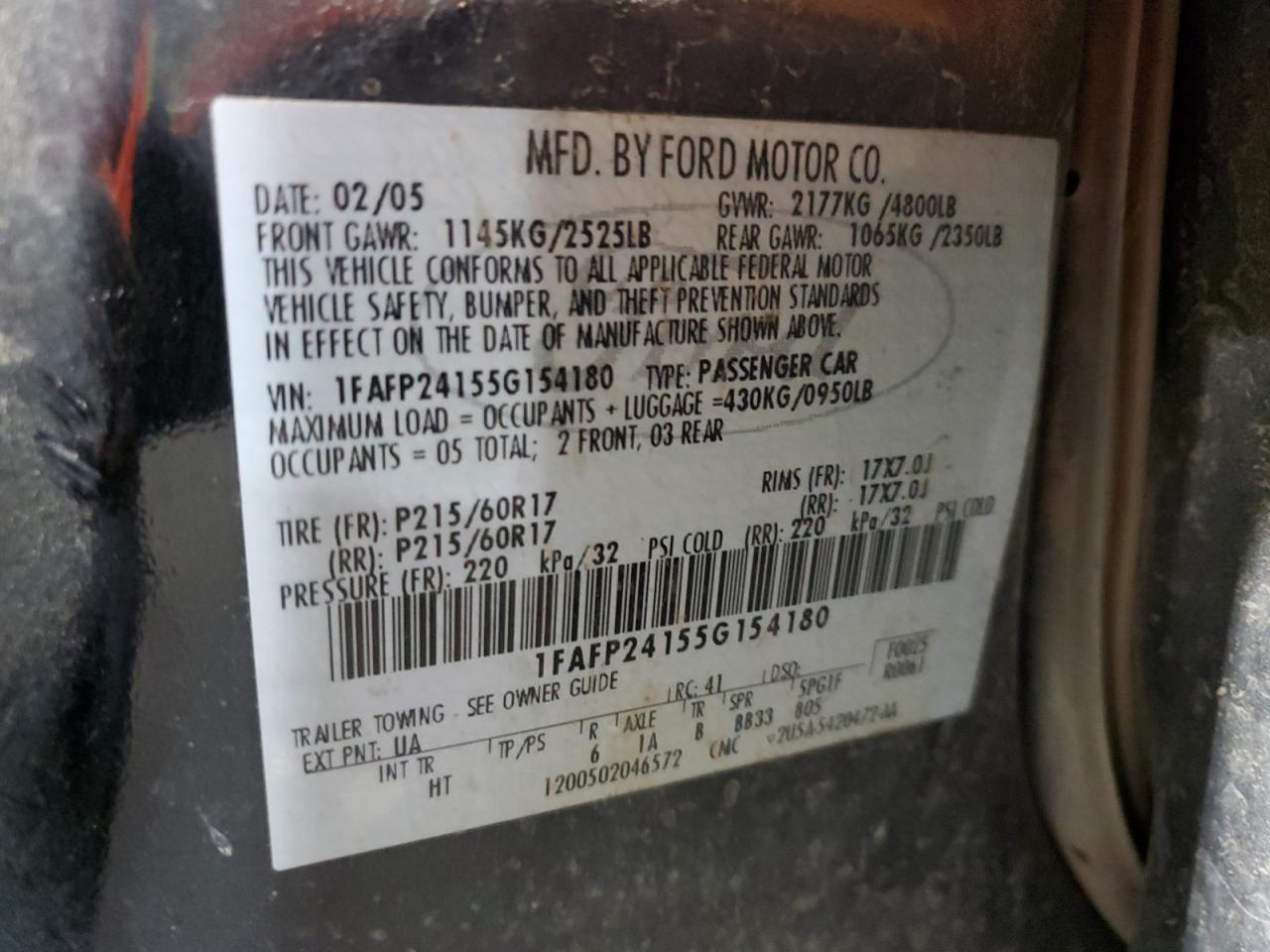 1FAFP24155G154180 2005 Ford Five Hundred Sel