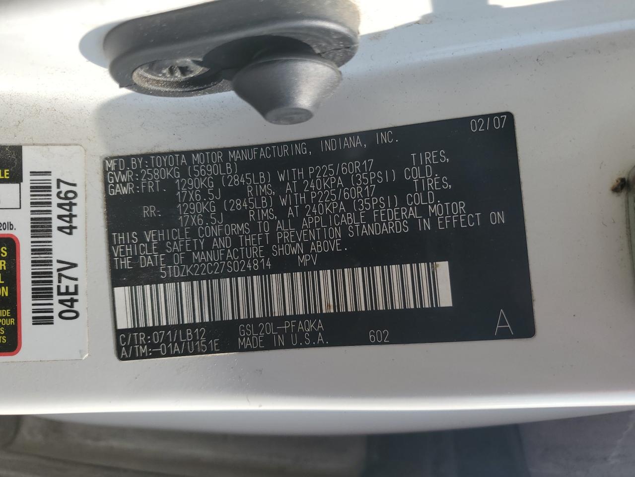 2007 Toyota Sienna Xle VIN: 5TDZK22C27S024814 Lot: 71401824