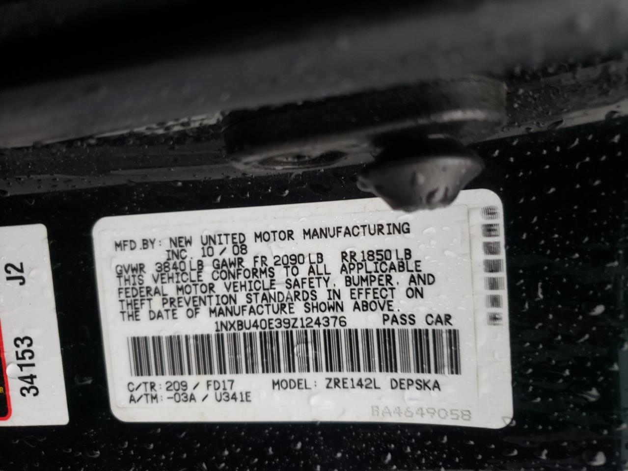 1NXBU40E39Z124376 2009 Toyota Corolla Base