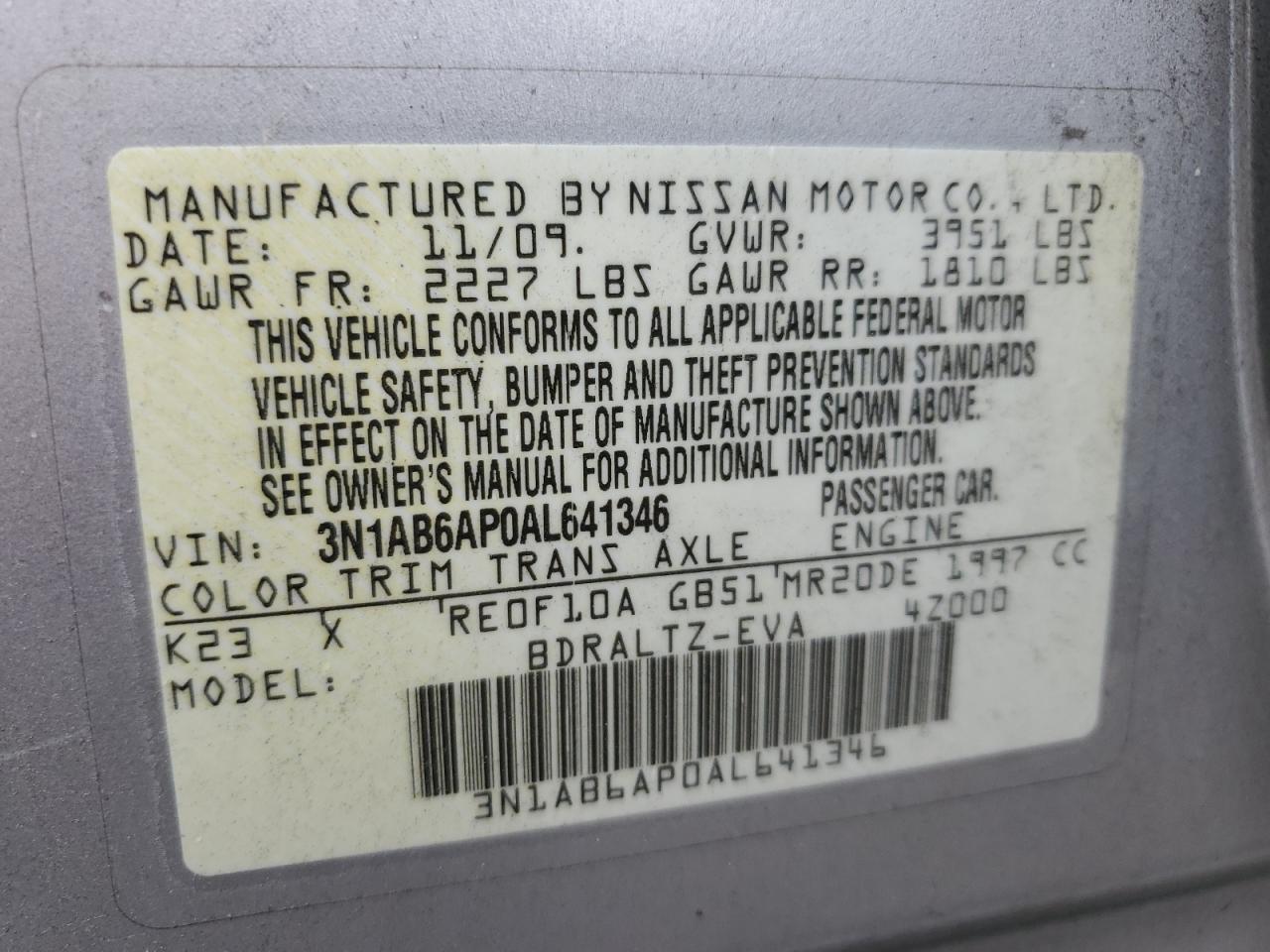 3N1AB6AP0AL641346 2010 Nissan Sentra 2.0