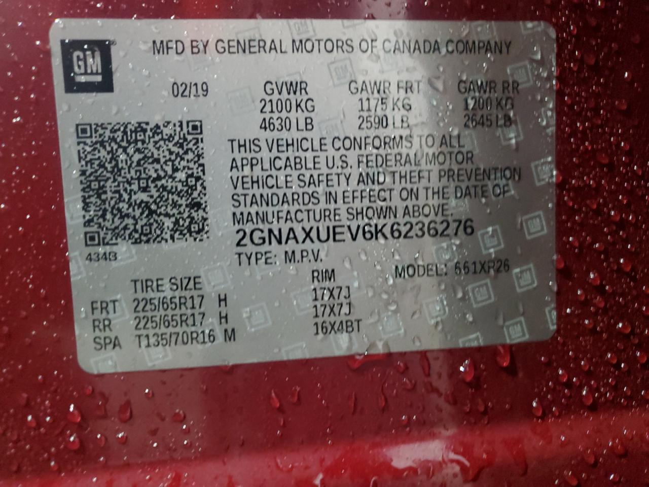 2GNAXUEV6K6236276 2019 Chevrolet Equinox Lt