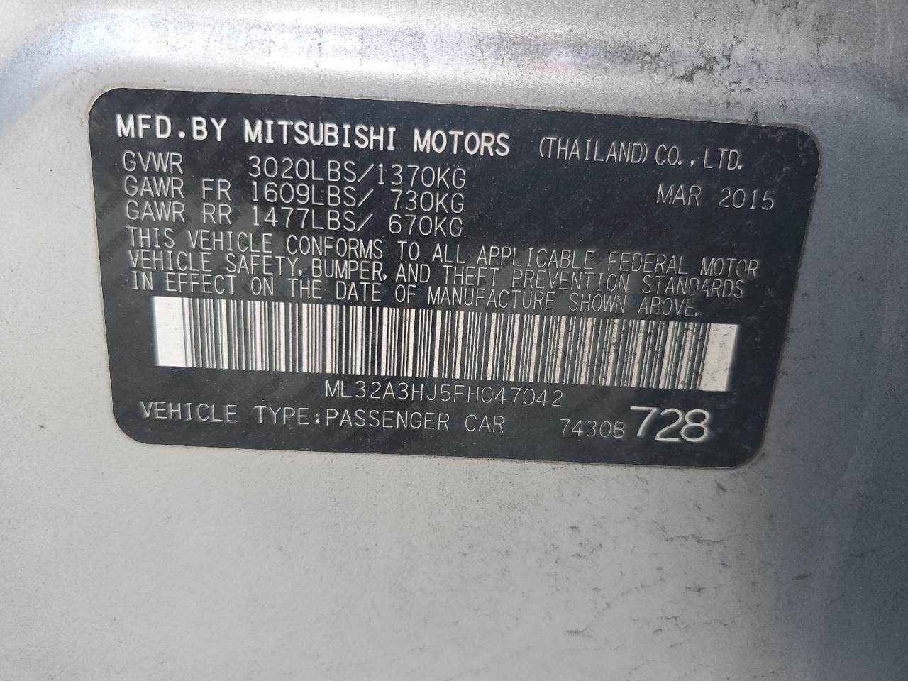 2015 Mitsubishi Mirage De VIN: ML32A3HJ5FH047042 Lot: 72441634