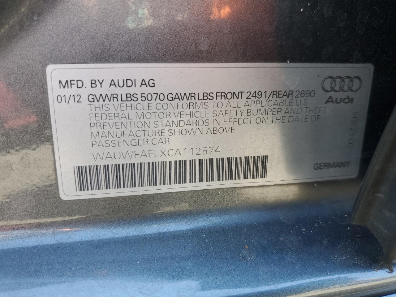 WAUWFAFLXCA112574 2012 Audi A4 Premium Plus