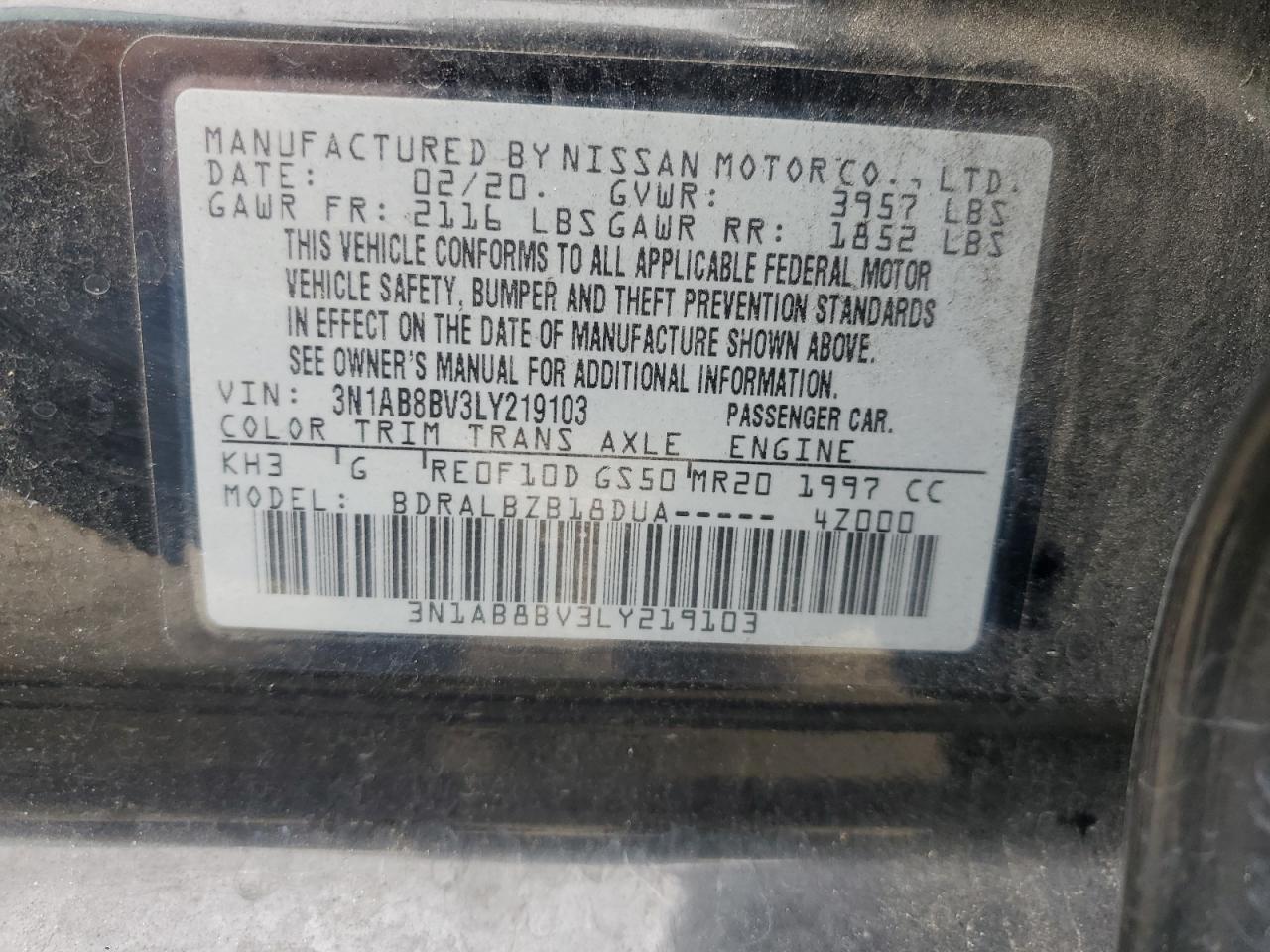 3N1AB8BV3LY219103 2020 Nissan Sentra S