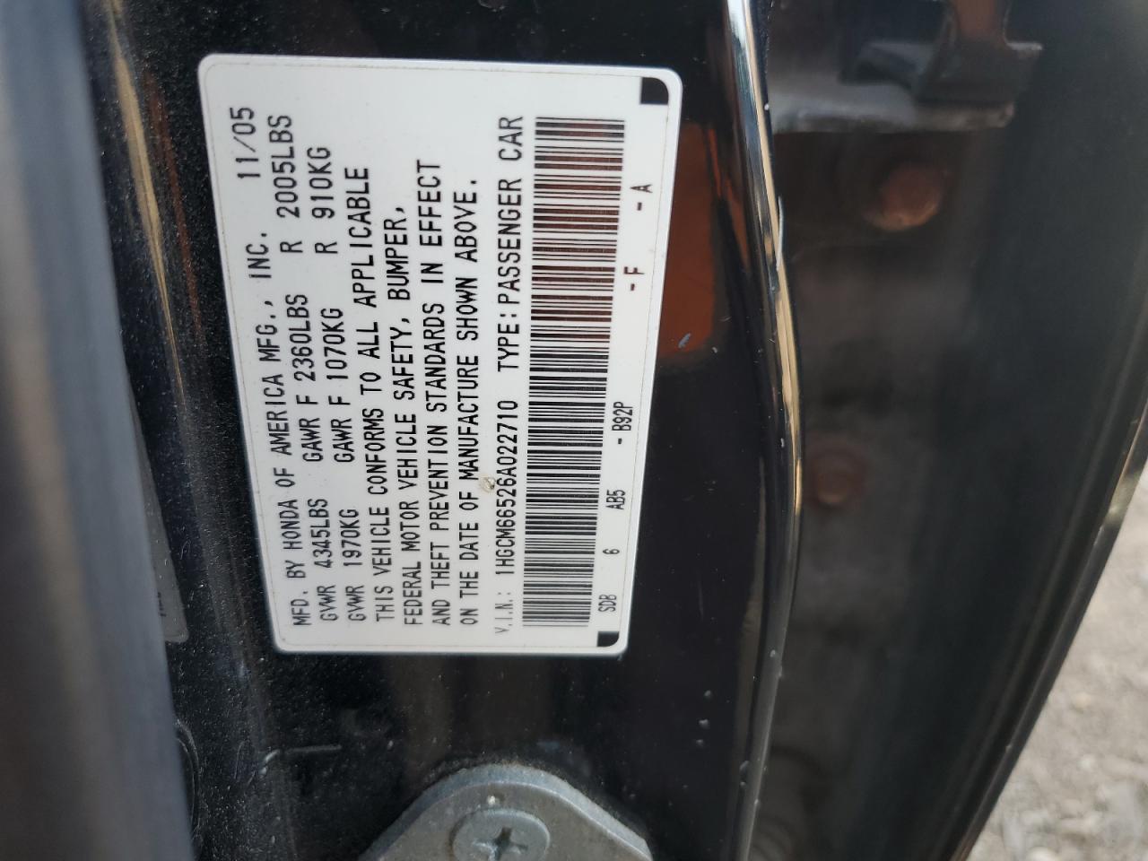 1HGCM66526A022710 2006 Honda Accord Ex