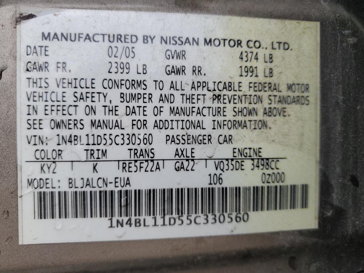 1N4BL11D55C330560 2005 Nissan Altima Se