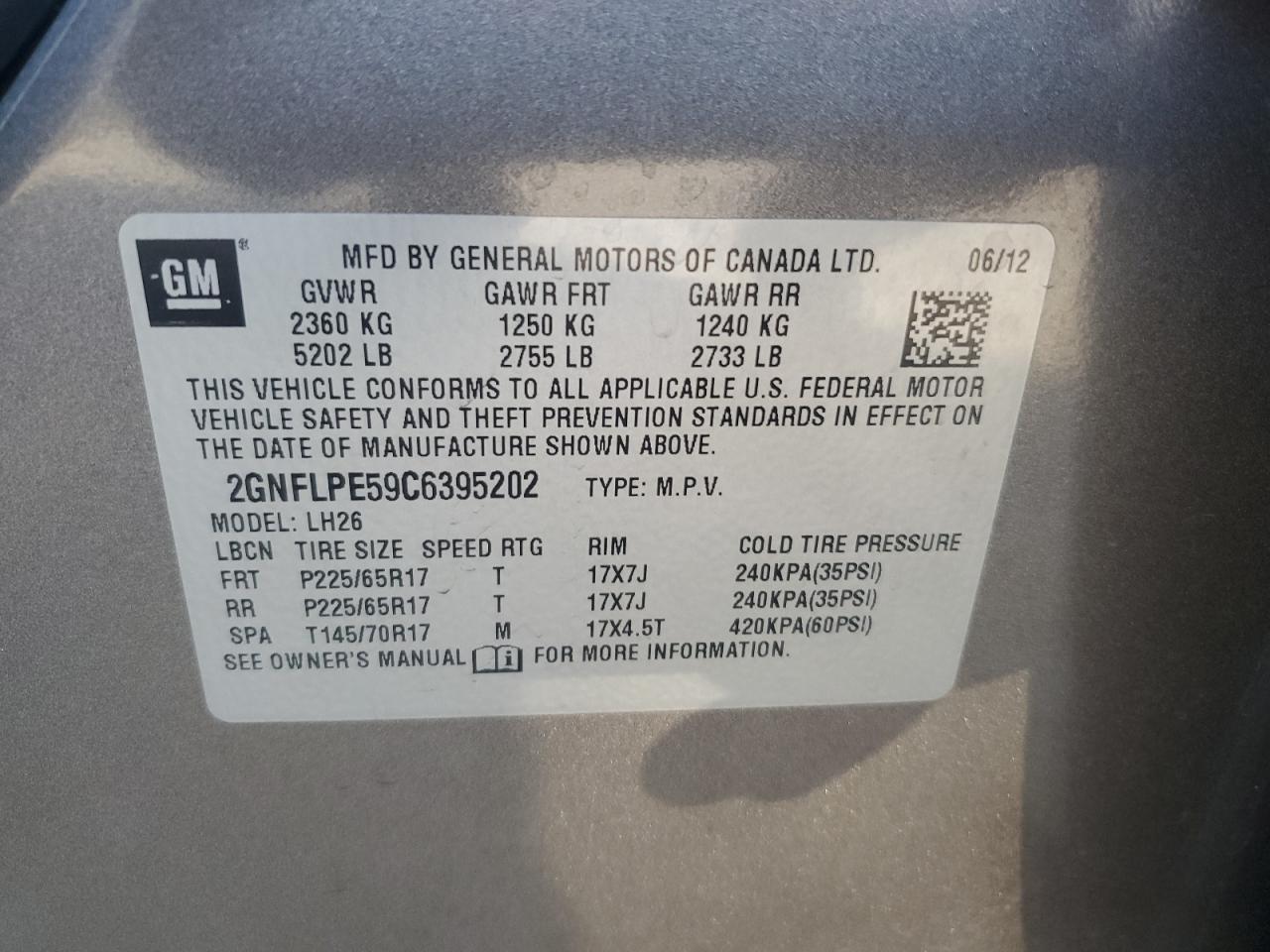 2GNFLPE59C6395202 2012 Chevrolet Equinox Lt