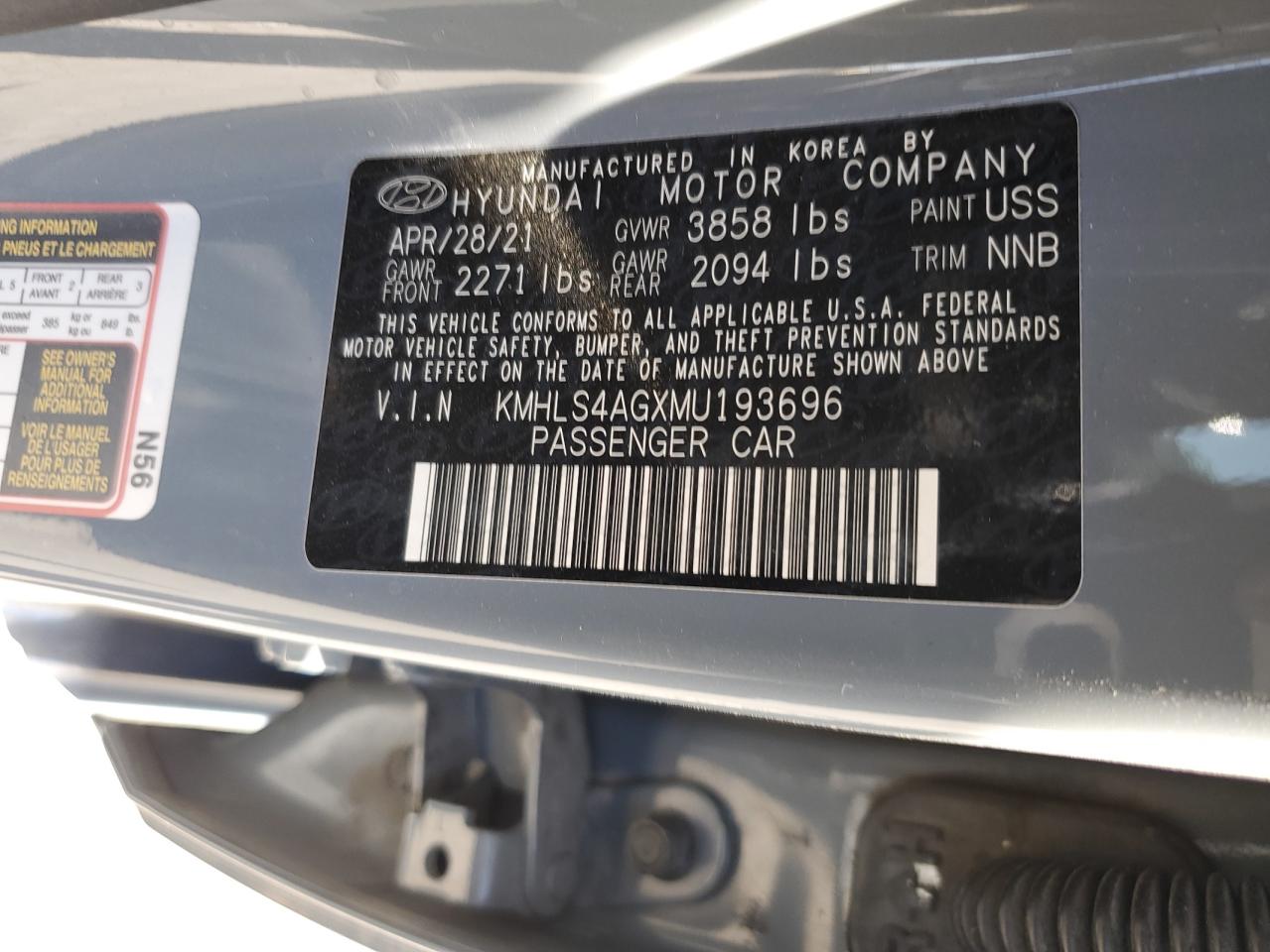 2021 Hyundai Elantra Sel VIN: KMHLS4AGXMU193696 Lot: 73036324