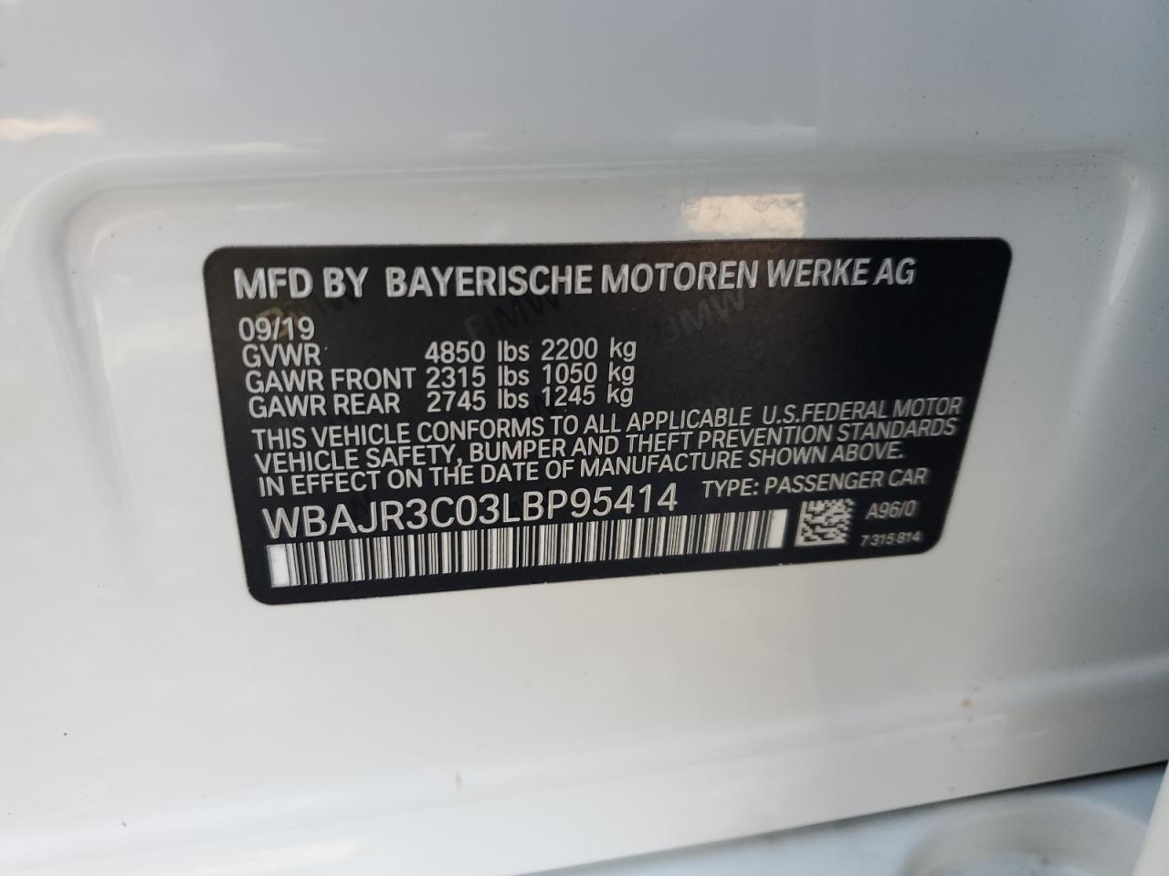 WBAJR3C03LBP95414 2020 BMW 530 I