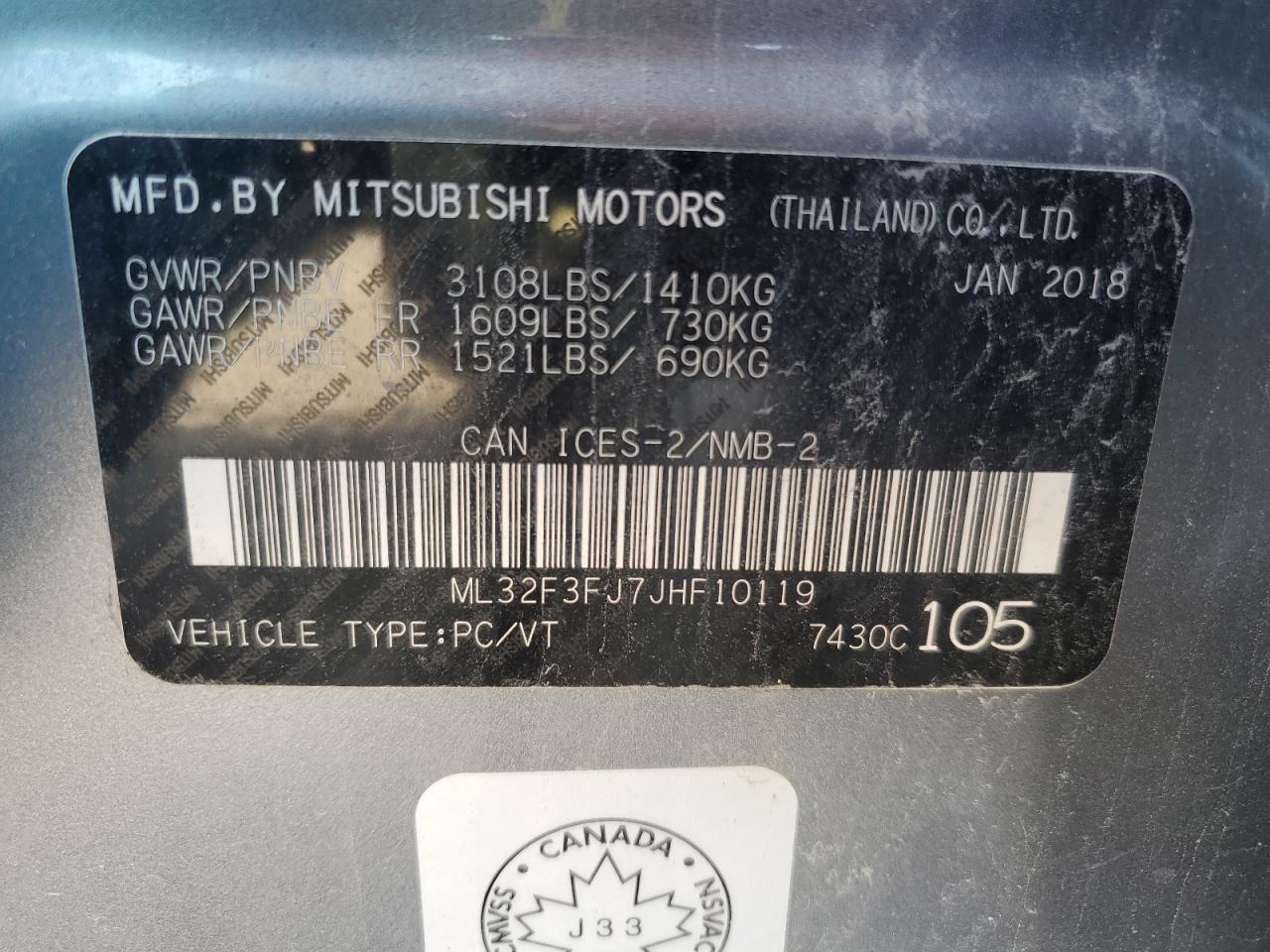 ML32F3FJ7JHF10119 2018 Mitsubishi Mirage G4 Es