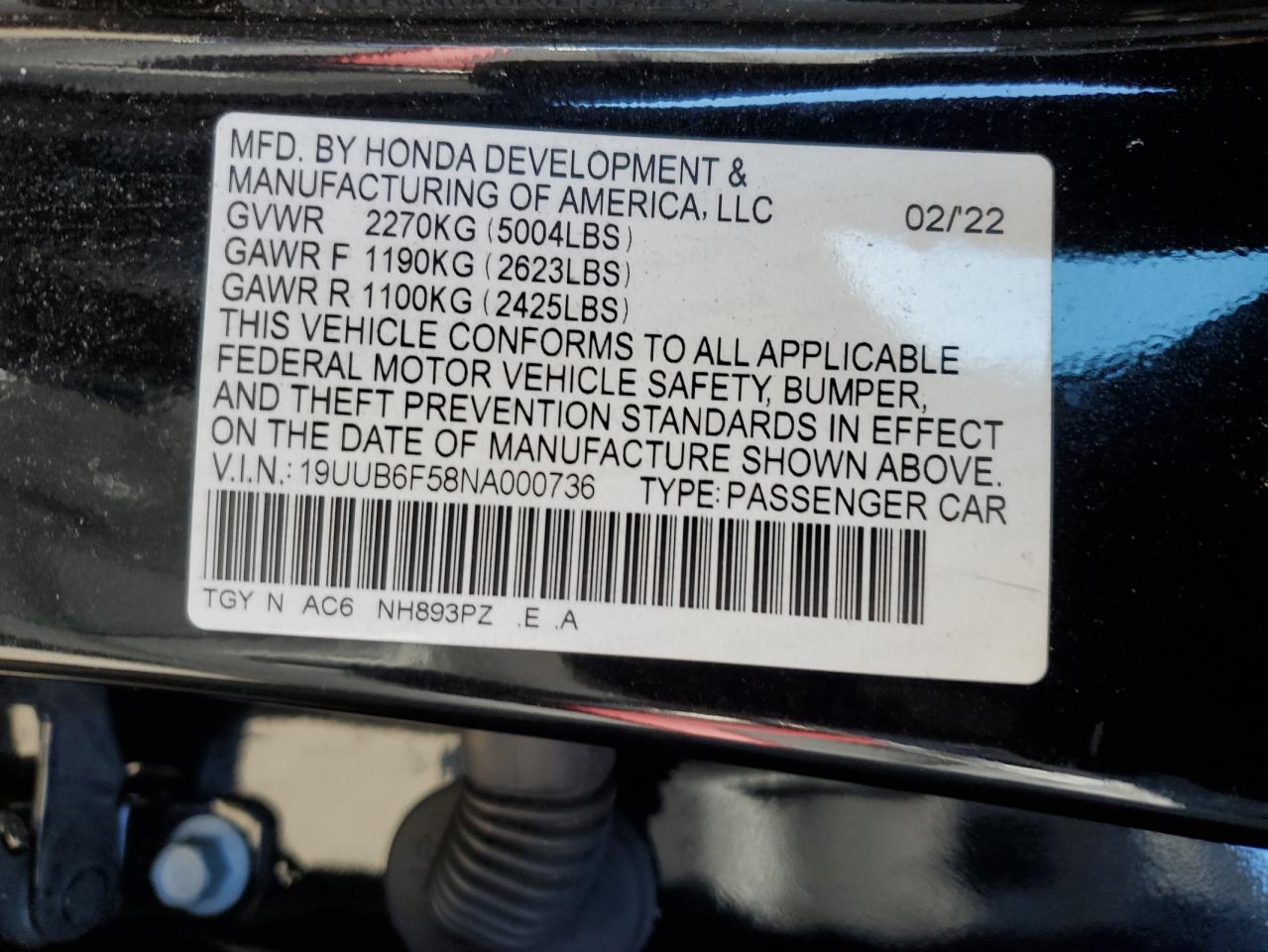 19UUB6F58NA000736 2022 Acura Tlx Tech A