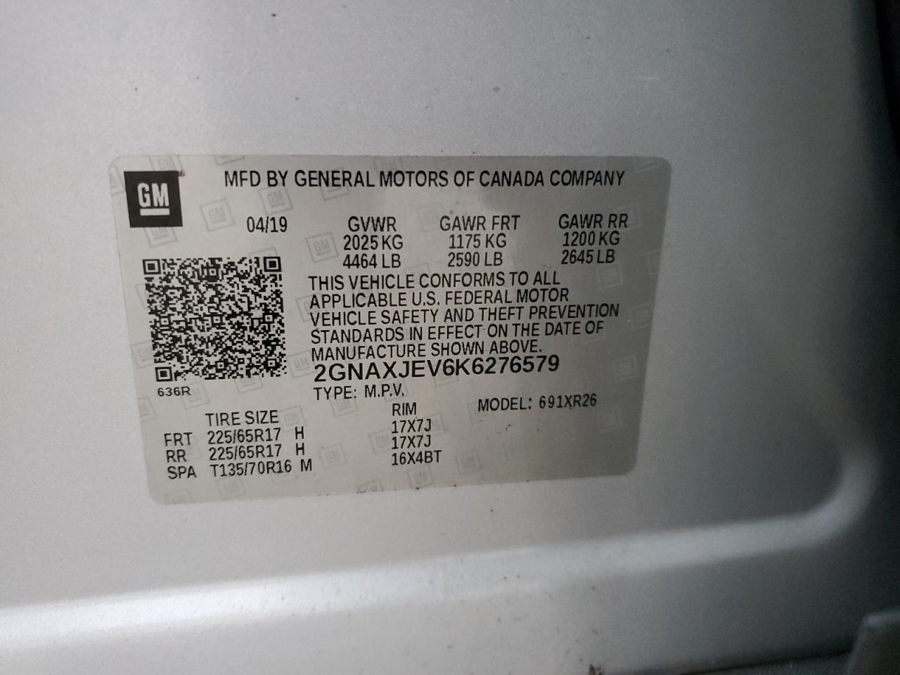 2GNAXJEV6K6276579 2019 Chevrolet Equinox Lt