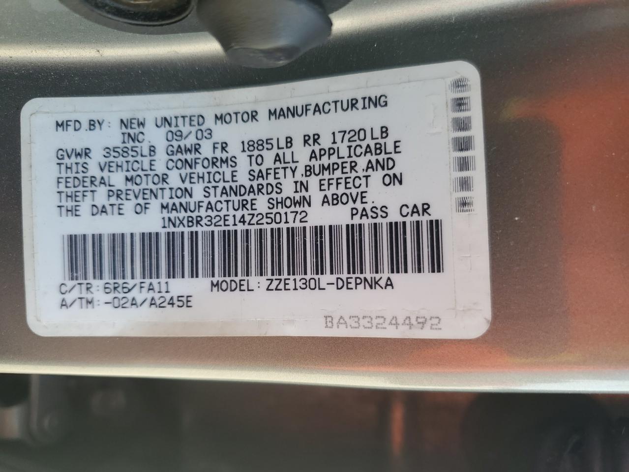 2004 Toyota Corolla Ce VIN: 1NXBR32E14Z250172 Lot: 73060314