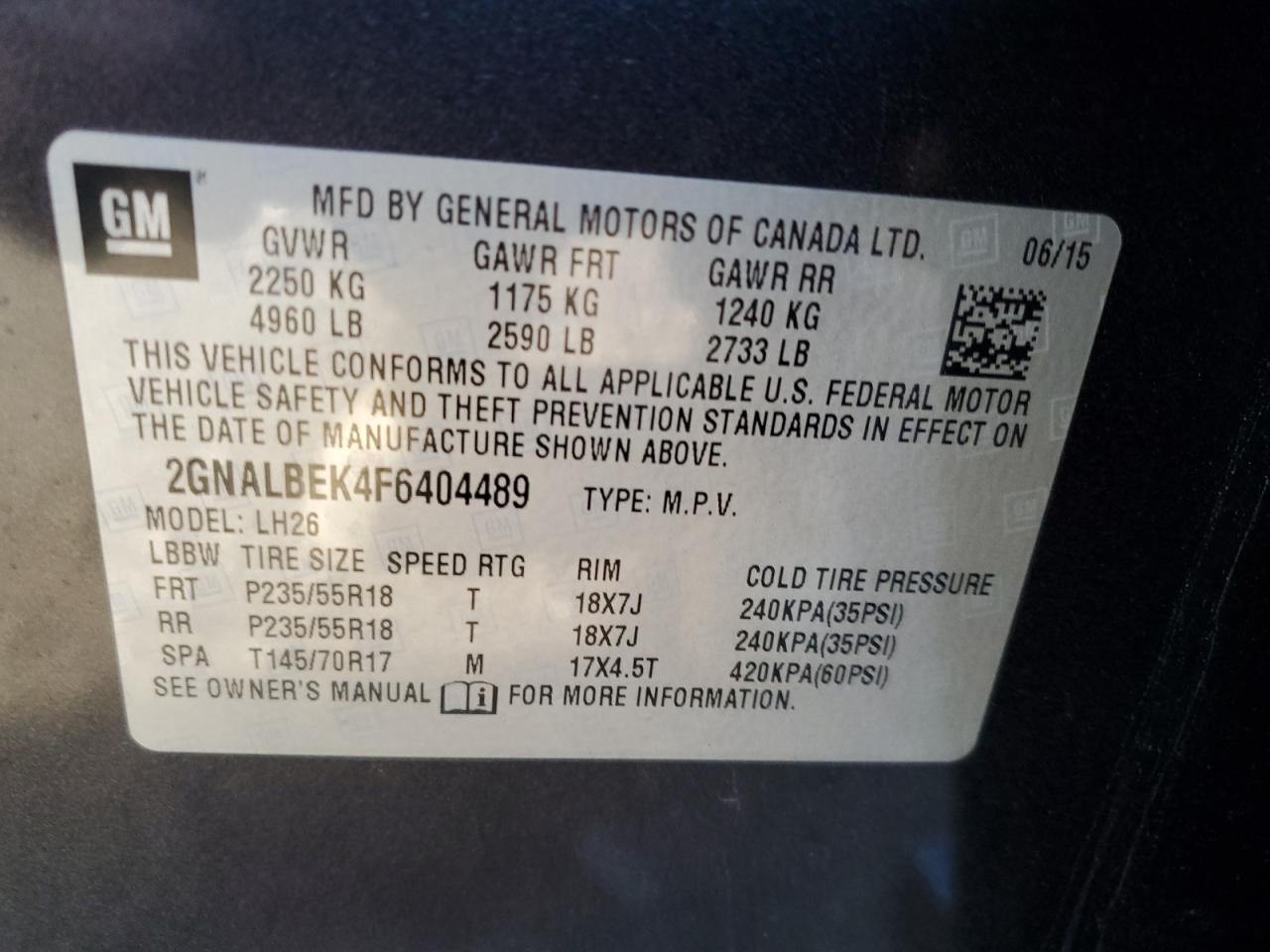 2GNALBEK4F6404489 2015 Chevrolet Equinox Lt