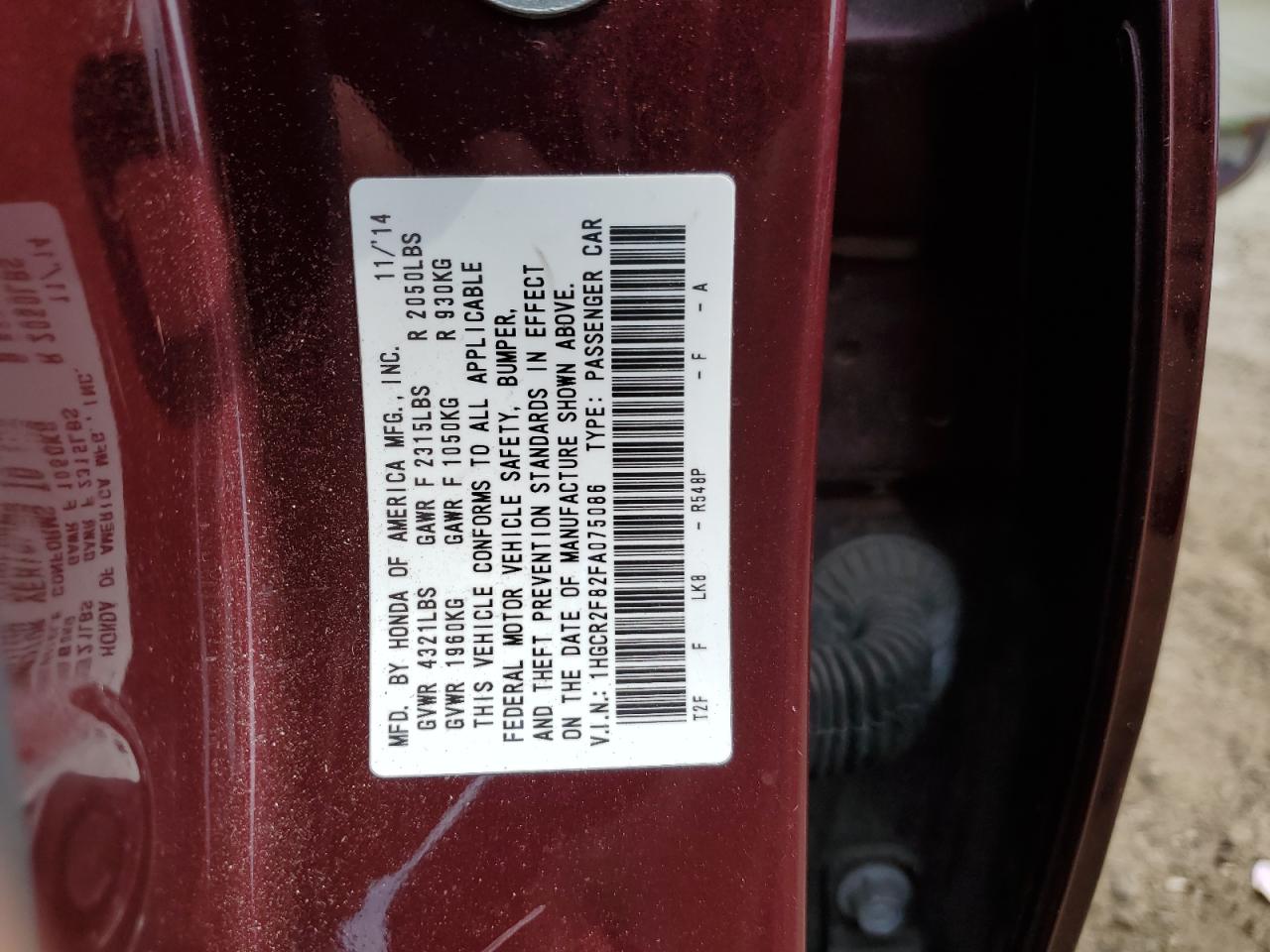 1HGCR2F82FA075086 2015 Honda Accord Exl