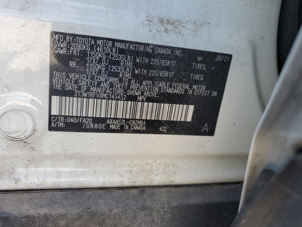 2T3W1RFVXMC145452 2021 Toyota Rav4 Xle