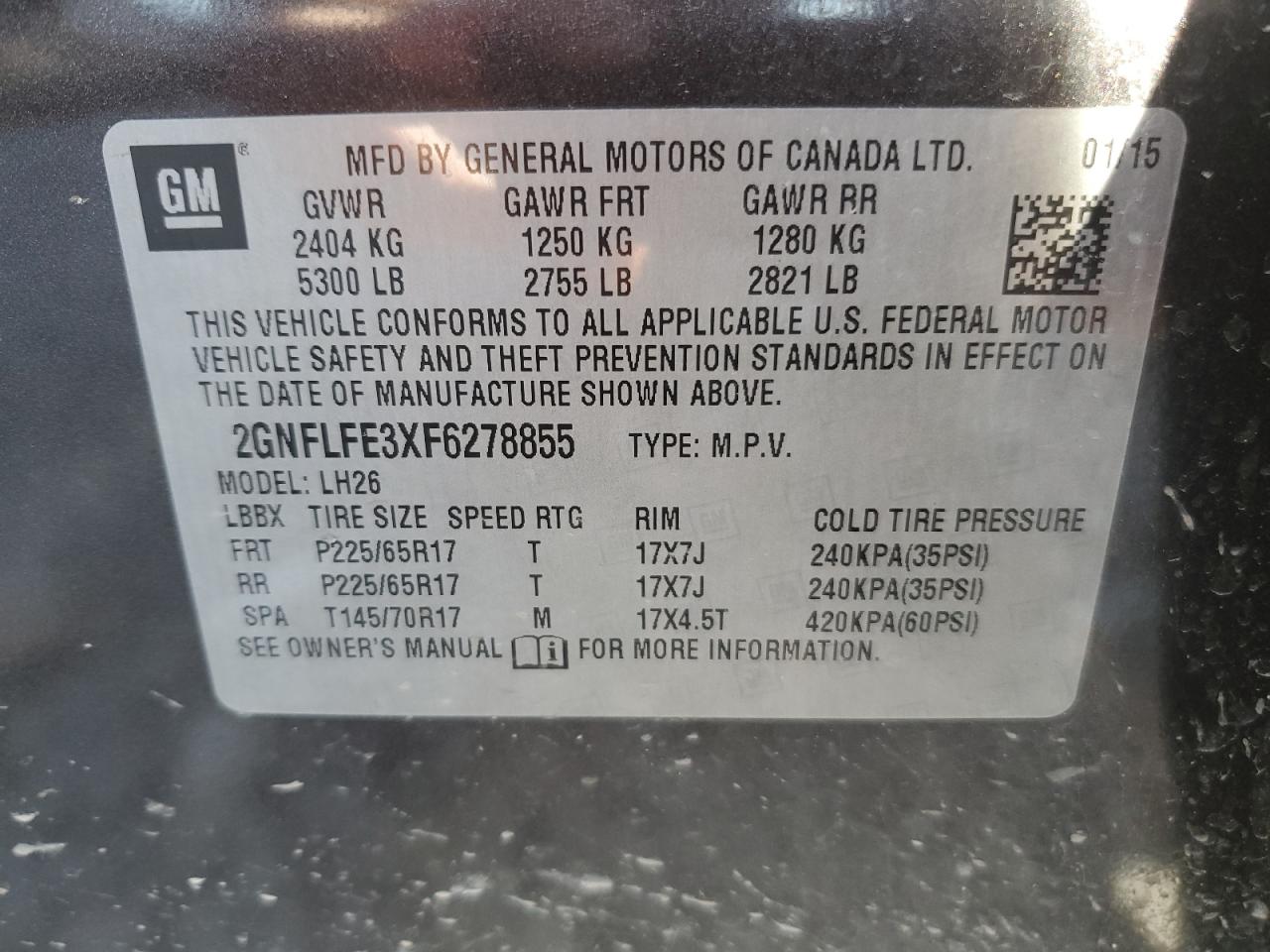 2GNFLFE3XF6278855 2015 Chevrolet Equinox Lt