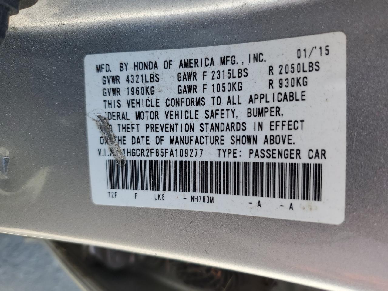 1HGCR2F85FA109277 2015 Honda Accord Exl