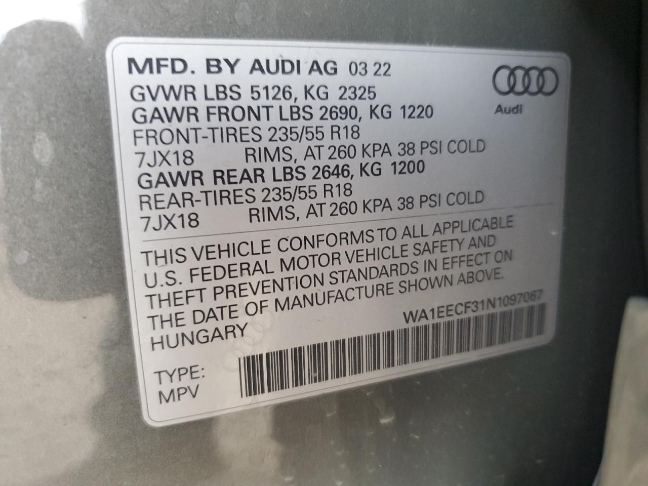 2022 Audi Q3 Premium Plus S Line 45 VIN: WA1EECF31N1097067 Lot: 71841364