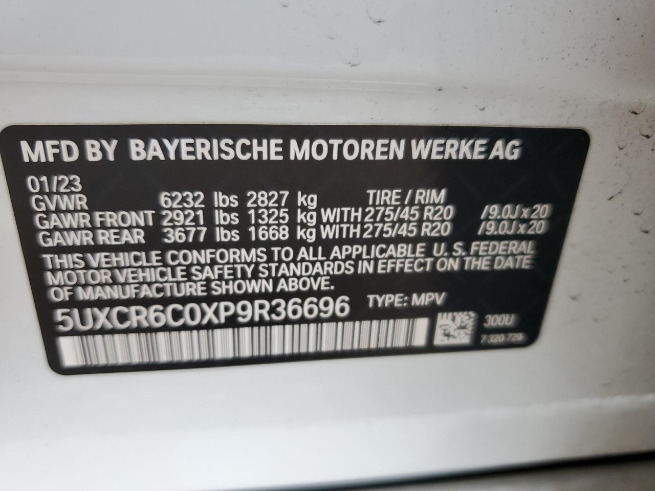 2023 BMW X5 xDrive40I VIN: 5UXCR6C0XP9R36696 Lot: 73126774