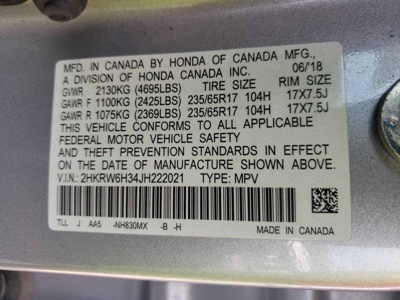 2HKRW6H34JH222021 2018 Honda Cr-V Lx