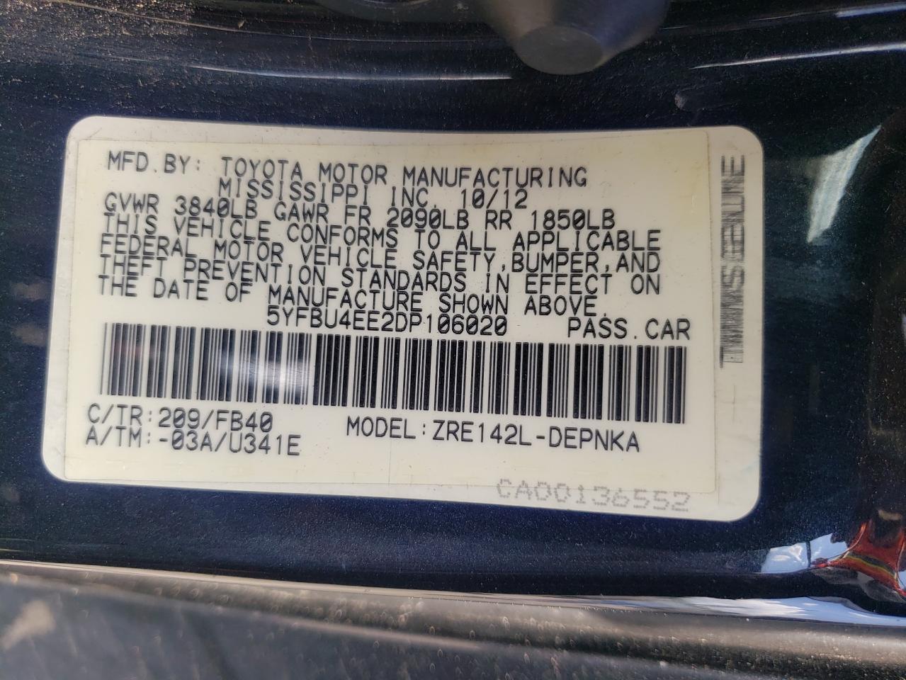 5YFBU4EE2DP106020 2013 Toyota Corolla Base