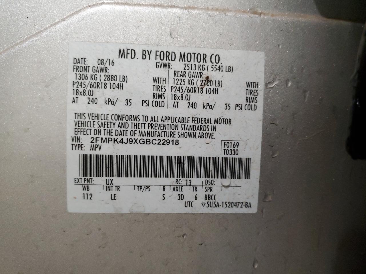 2016 Ford Edge Sel VIN: 2FMPK4J9XGBC22918 Lot: 71793394