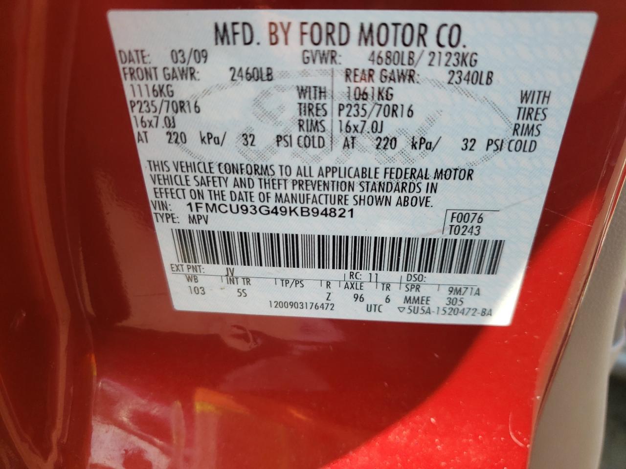 1FMCU93G49KB94821 2009 Ford Escape Xlt