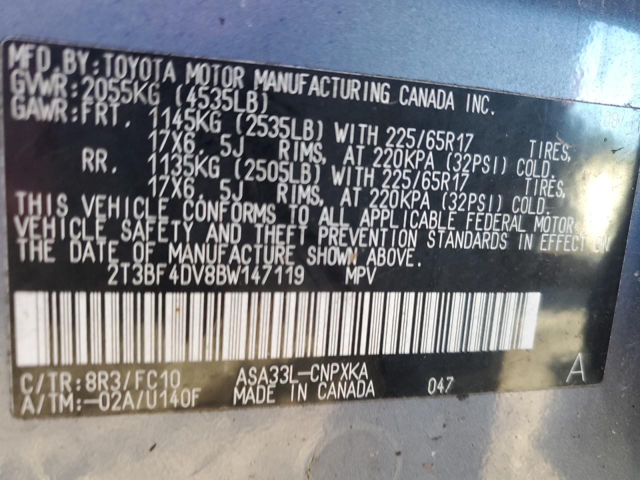 2011 Toyota Rav4 VIN: 2T3BF4DV8BW147119 Lot: 73127904