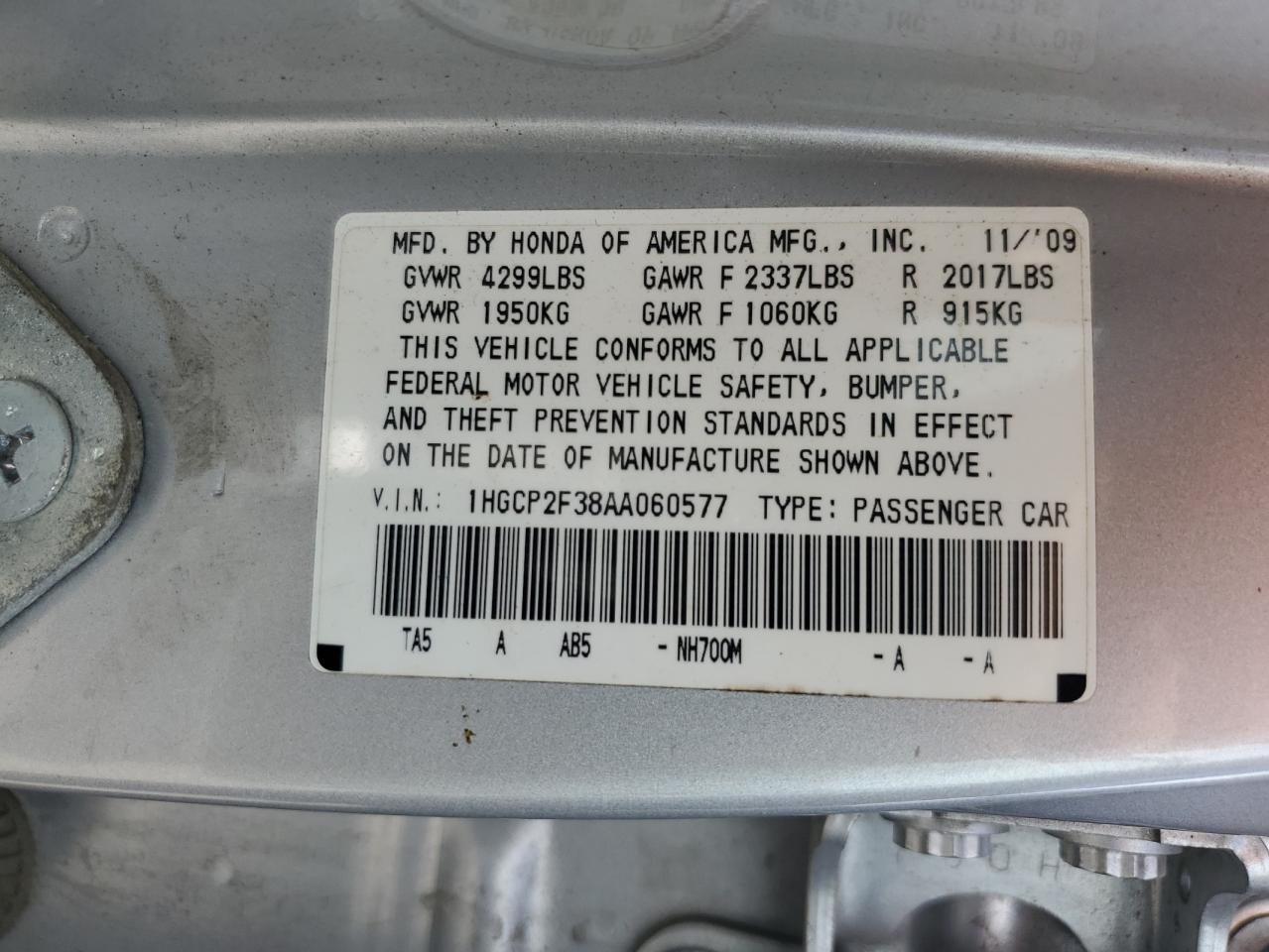 2010 Honda Accord Lx VIN: 1HGCP2F38AA060577 Lot: 72344664