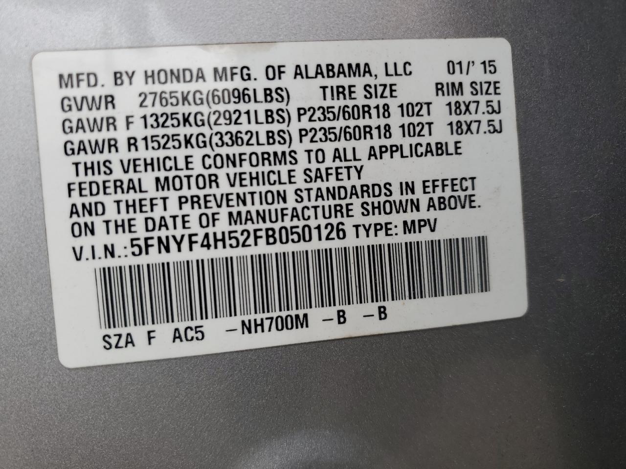 5FNYF4H52FB050126 2015 Honda Pilot Exl